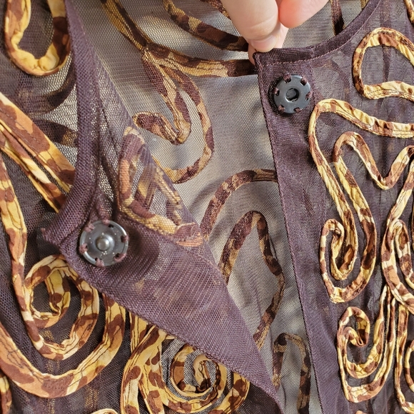 Chico's Brown Sheer Mesh Summer Cardigan w/Sewn-on Animal Print Leopard Swirls - Picture 13 of 16